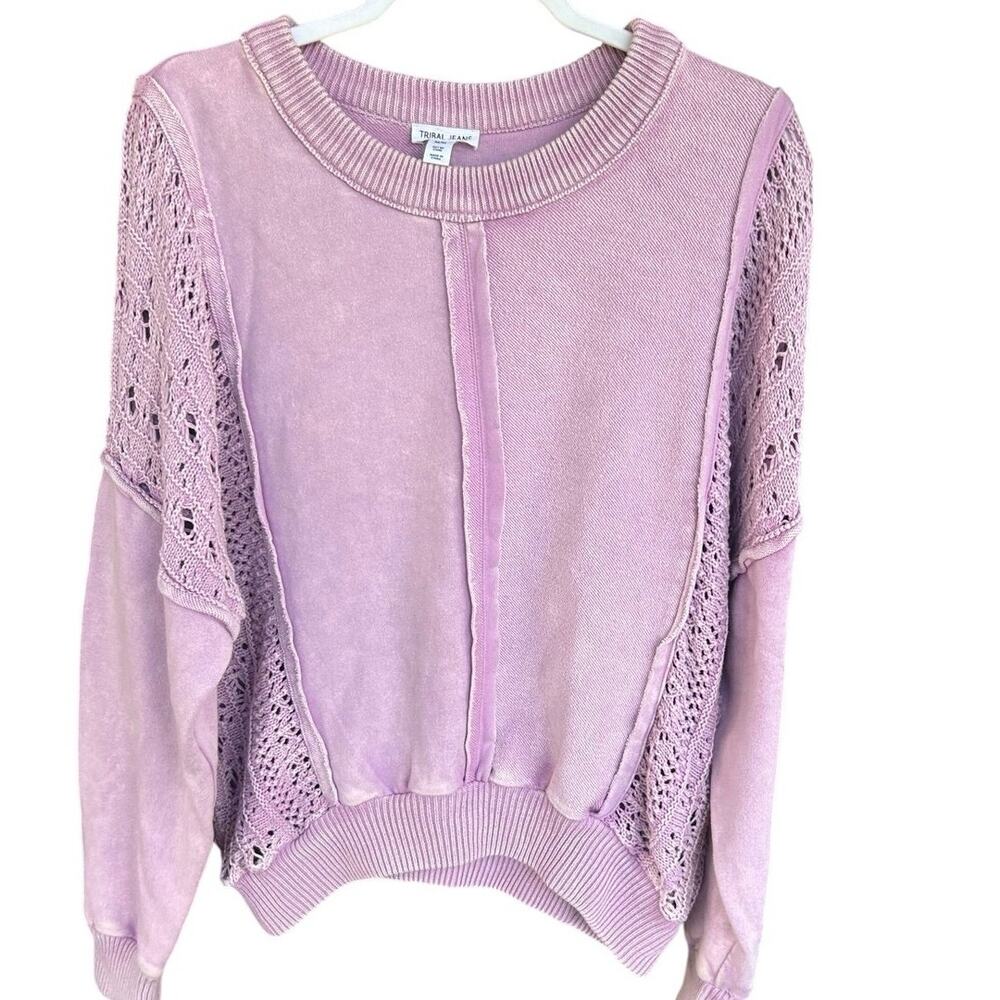 Tribal Jeans Sweater Medium Mauve Pink Crochet Open Knit Boho Pullover